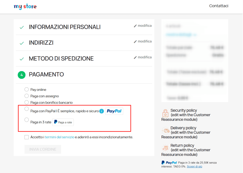 Opzioni Paypal Pagamento Prestashop