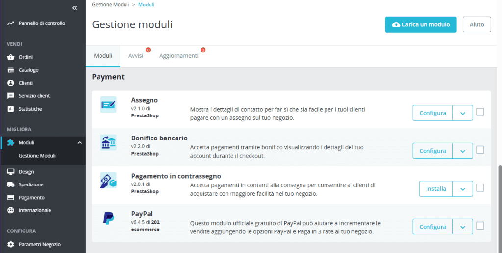 Paypal Prestashop Gestione Moduli