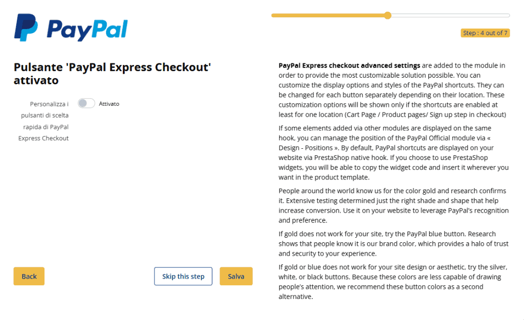 Pulsante Paypal Express Checkout Attivato