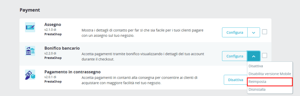 Reimposta Moduli Pagamento Prestashop