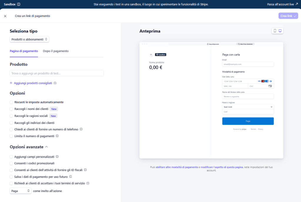 Stripe Crea Link Pagamento