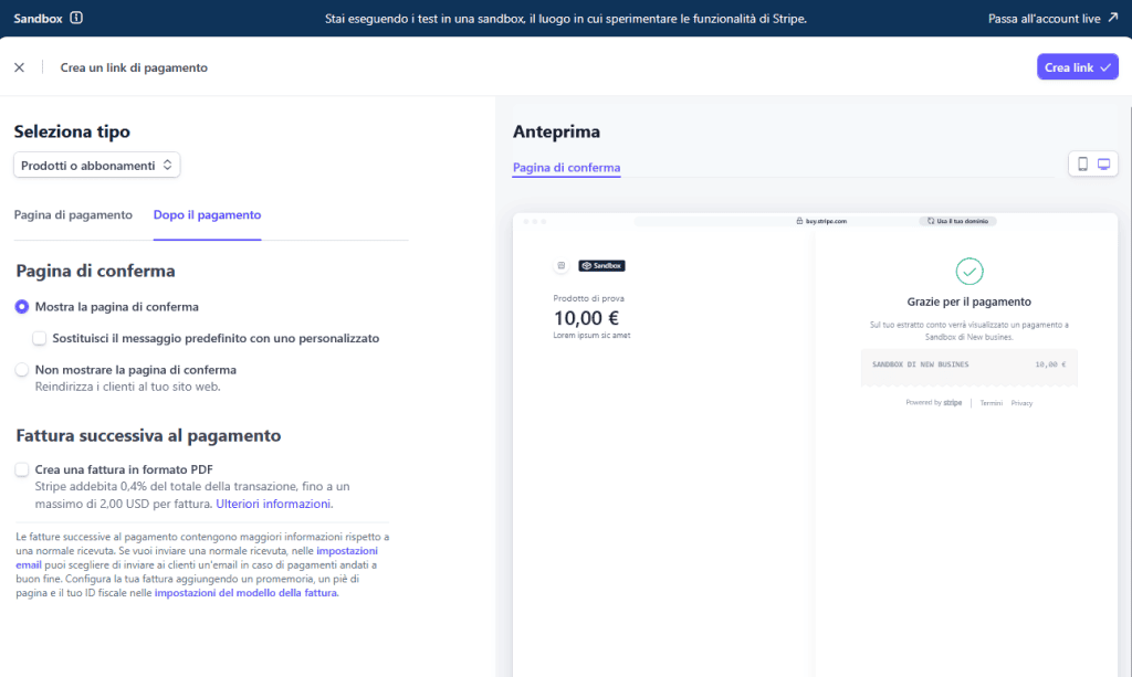 Stripe Crea Link Pagamento Dopo
