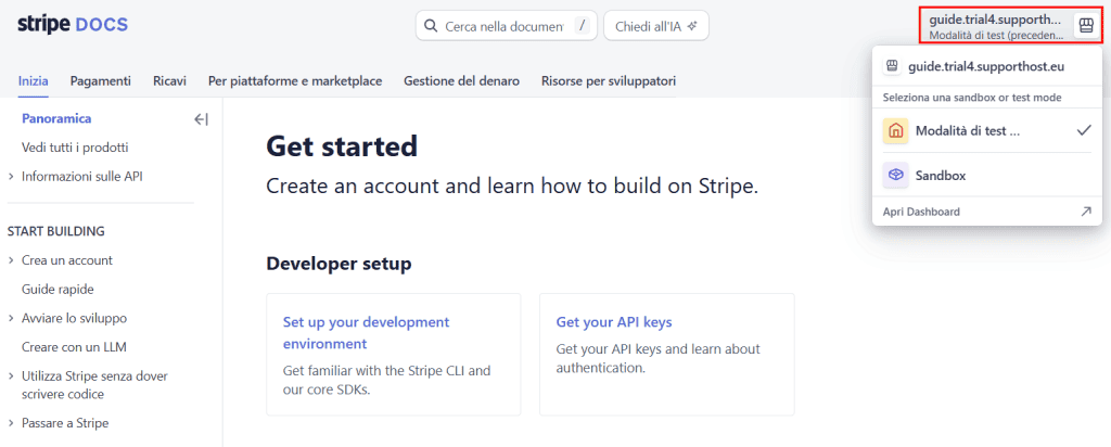 Stripe Modalita Test Sandbox Menu