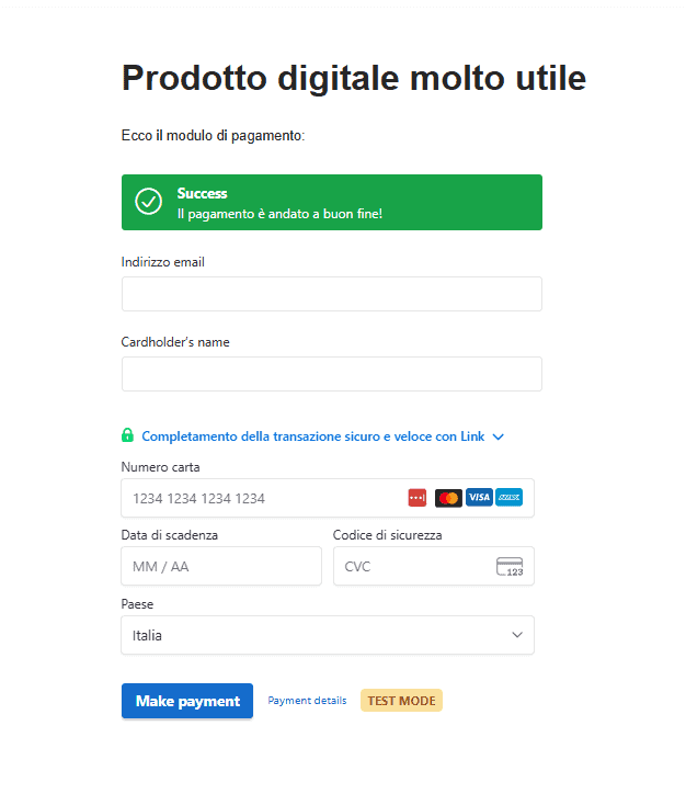 Stripe WordPress Test Modulo Pagamento Accettato