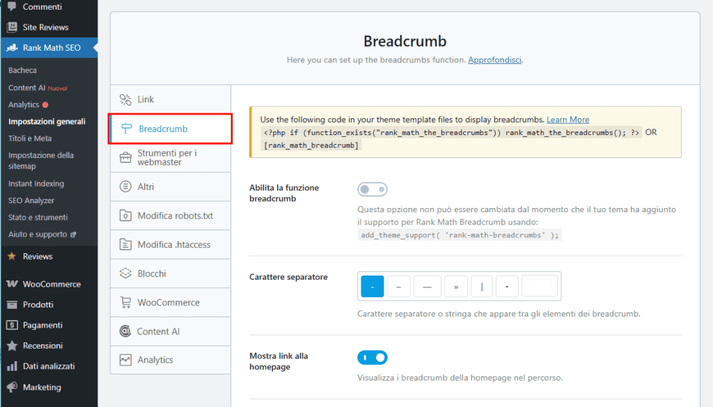 Tab Breadcrumb Impostazioni Rank Math