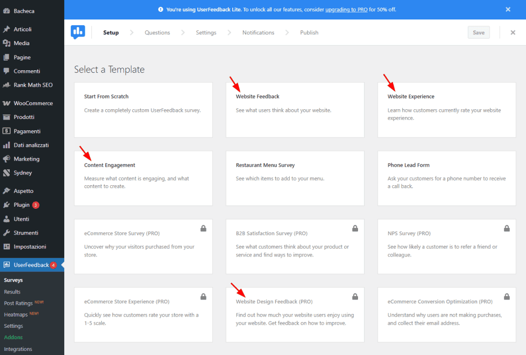 Ux WordPress Sondaggio Modelli Userfeedback