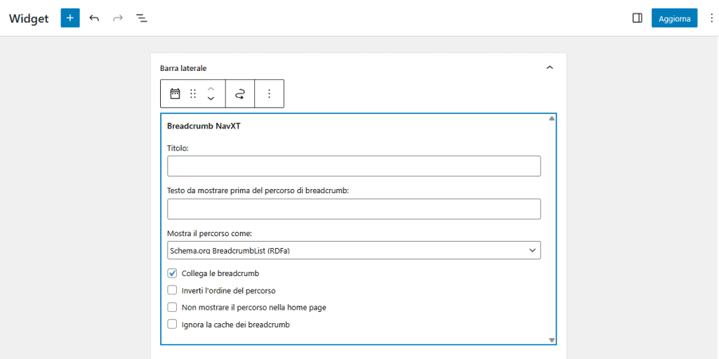 Widget Blocco Breadcrumb Navxt Impostazioni