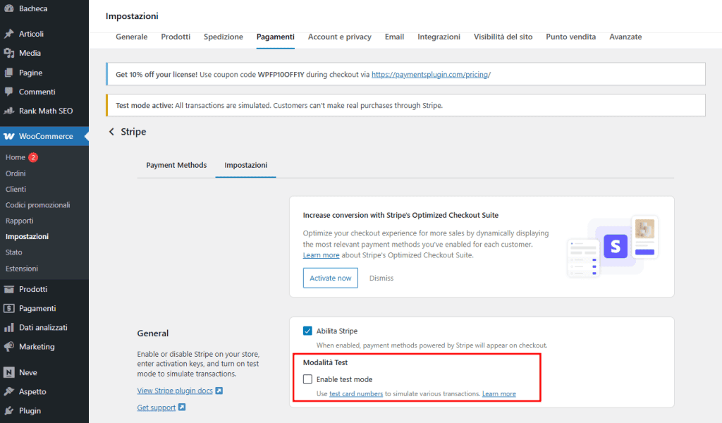 Woocommerce Stripe Gateway Disattivare Test Mode