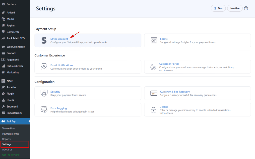 Wp Full Pay Impostazioni Stripe Account