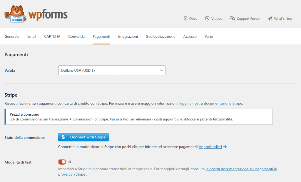 Wpforms Stripe Connessione