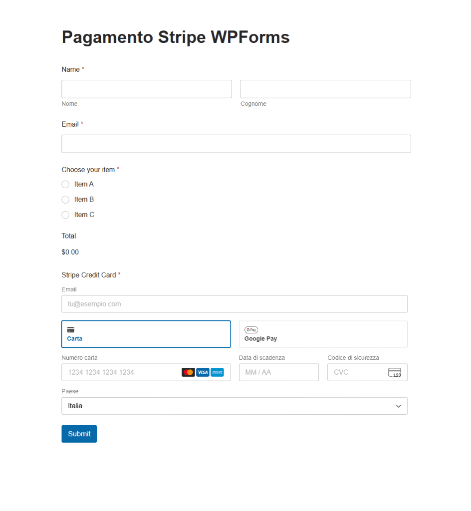 Wpforms Stripe Modulo Anteprima