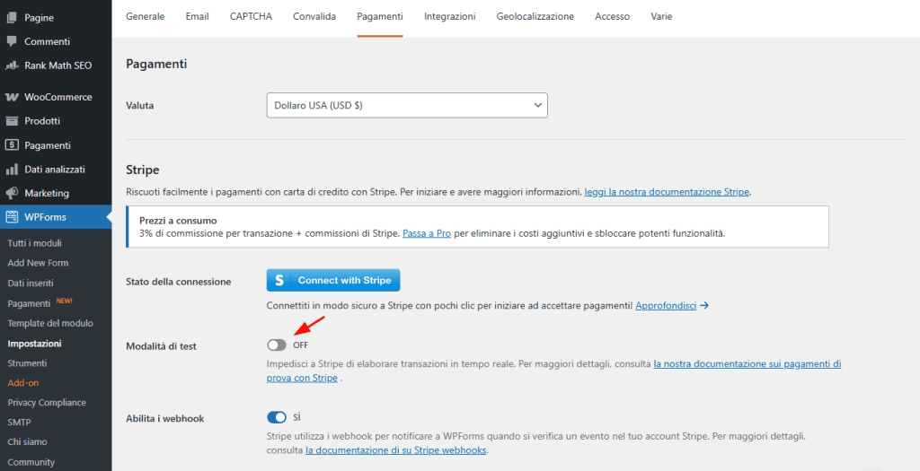 Wpforms Stripe Modulo Passare Live Cursore
