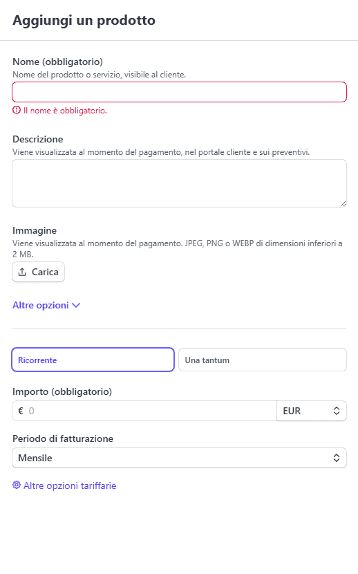 Aggiungi Prodotto Ricorrente Stripe Link Pagamento