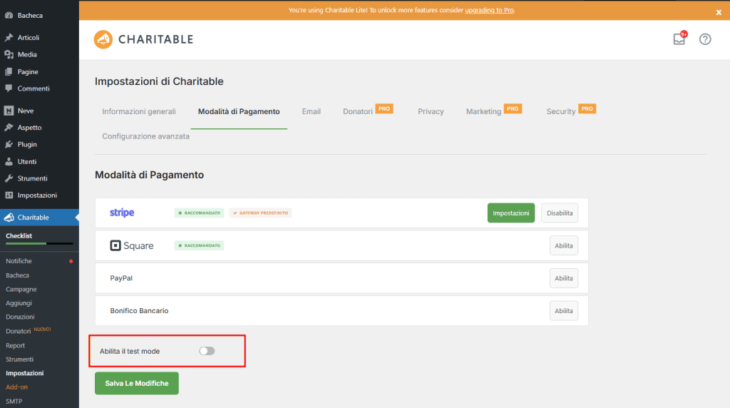 Charitable Disattivare Modalita Test