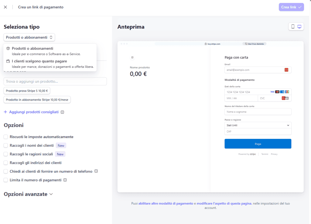 Crea Pagina Pagamento Stripe Tipo