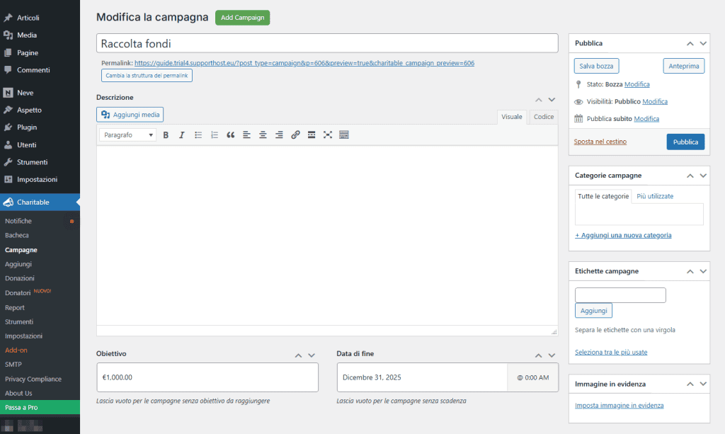 Editor Campagna Charitable WordPress Plugin