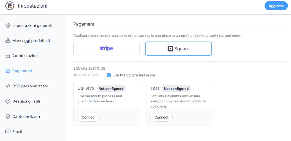 Formidable Forms Pagamenti Impostazioni Square