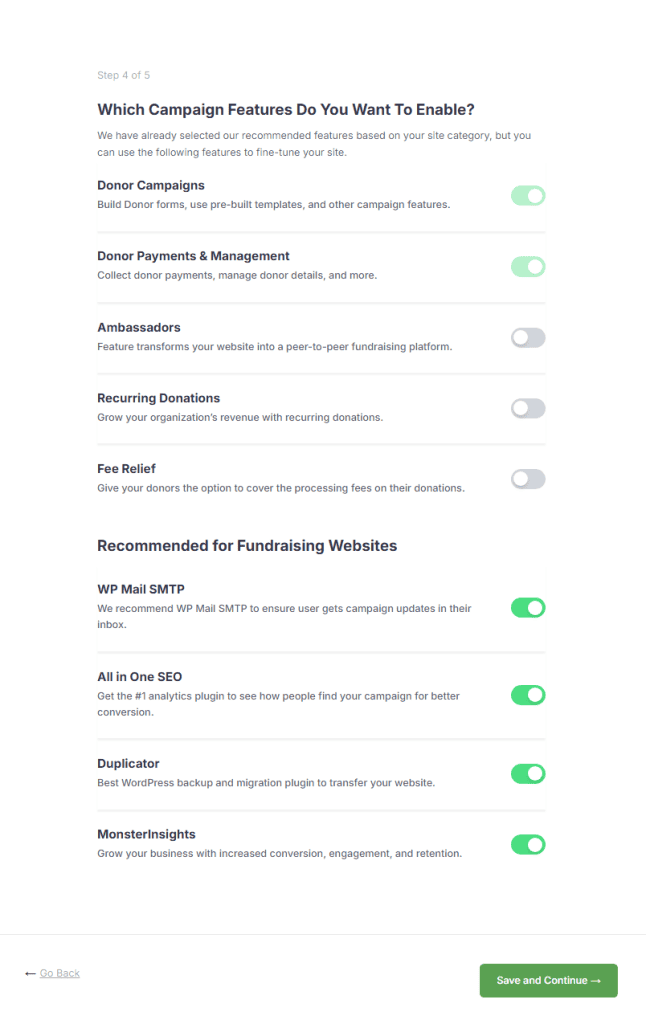 Funzionalita Charitable WordPress Plugin