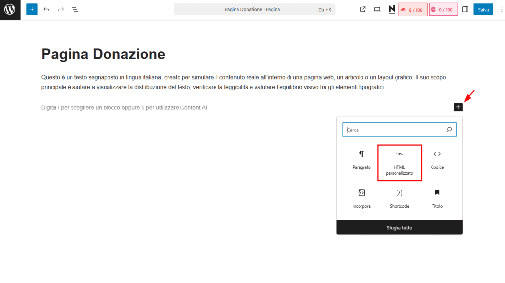 Html Personalizzato Gutenberg Pulsante Donazione Stripe WordPress