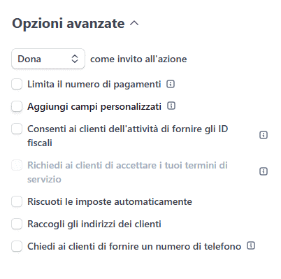 Pagina Donazioni Stripe Opzioni Avanzate