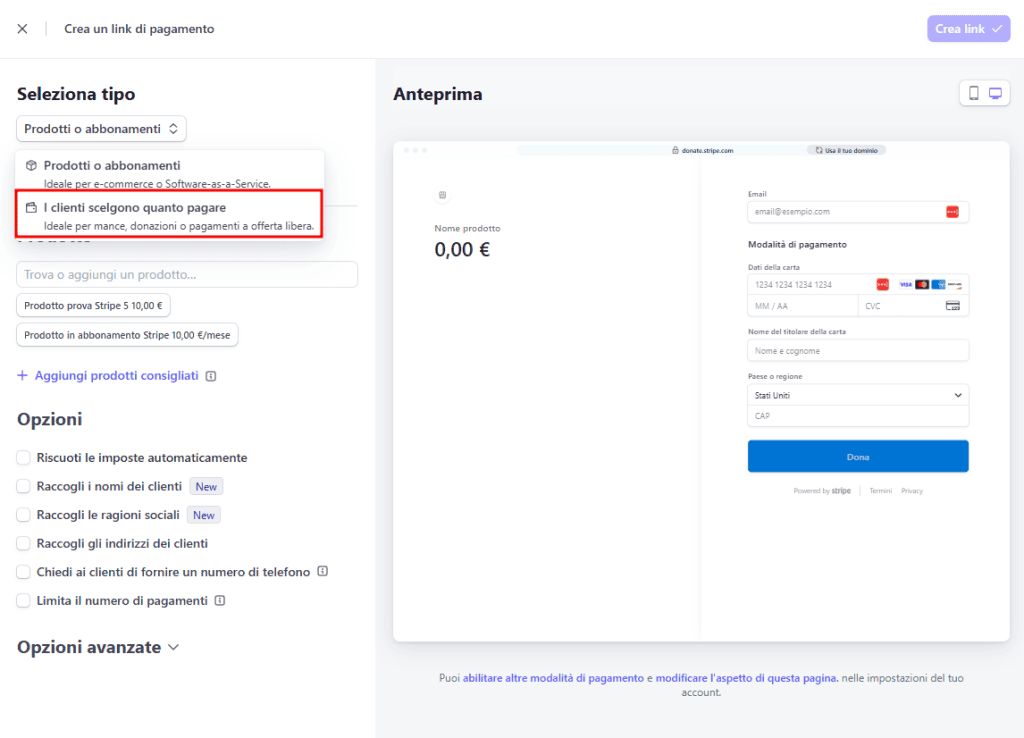 Pagina Pagamento Tipo Offerta Libera