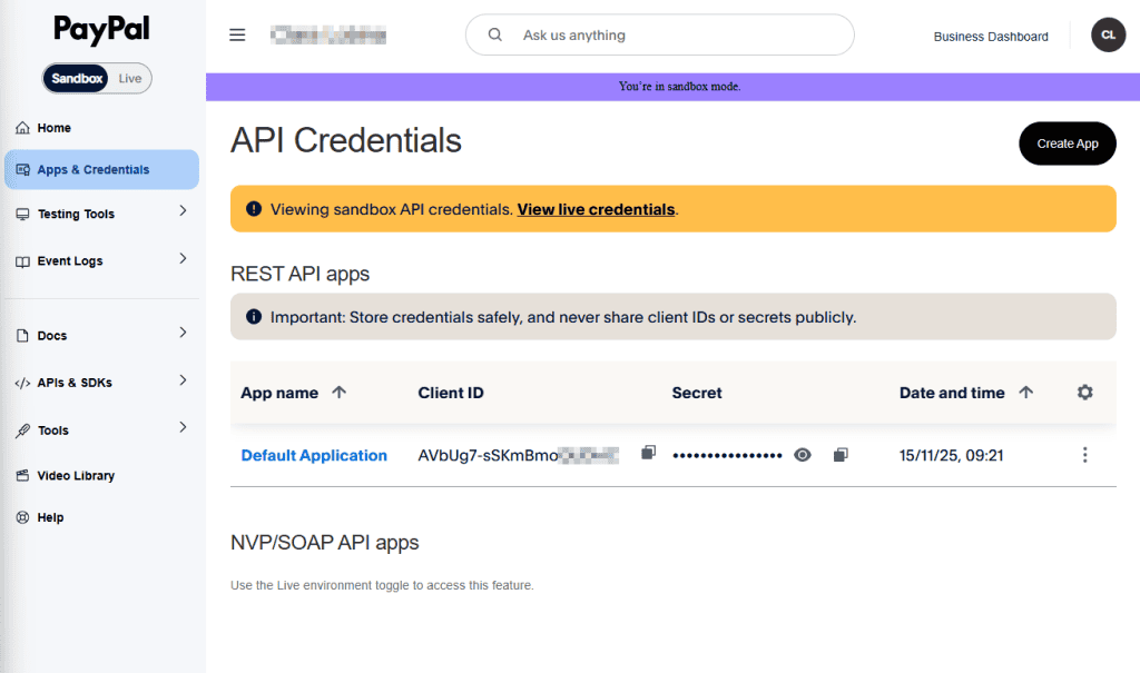 Paypal Chiavi Api Developer