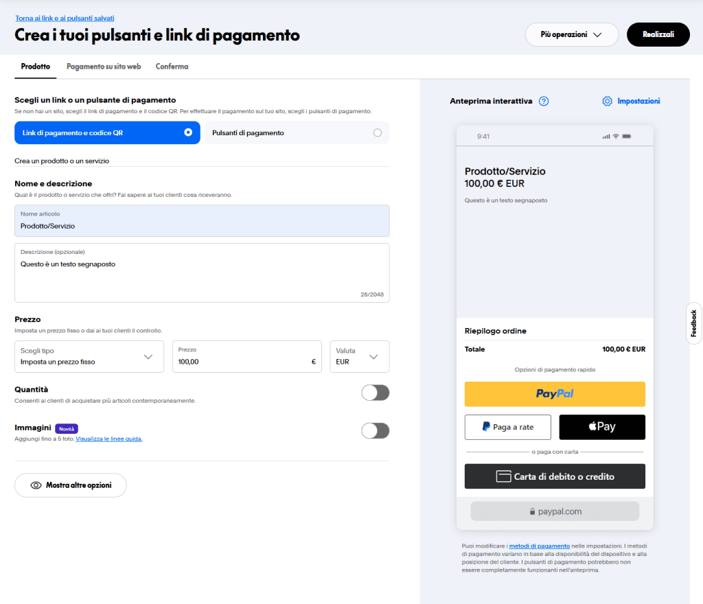 Paypal Crea Link Pagamento Anteprima Link Qr