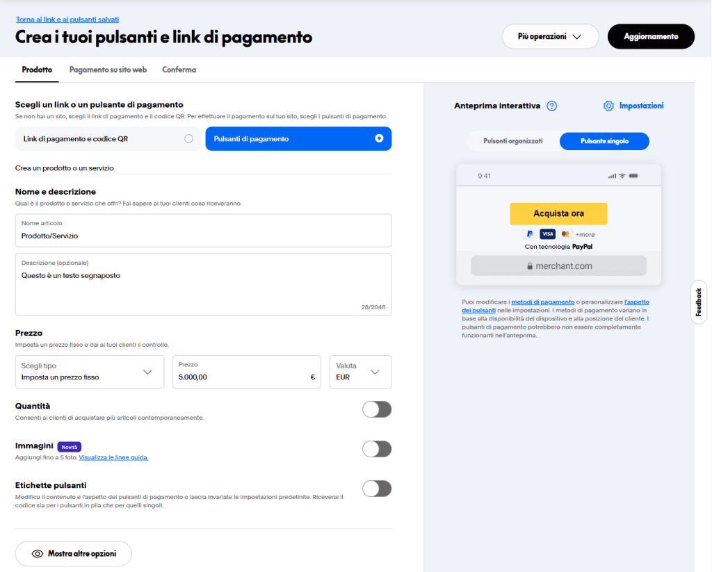 Paypal Crea Link Pagamento Anteprima Pulsante Singolo