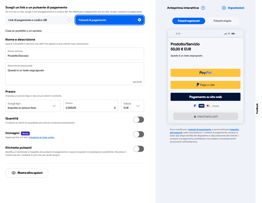 Paypal Crea Link Pagamento Anteprima Pulsanti Organizzati