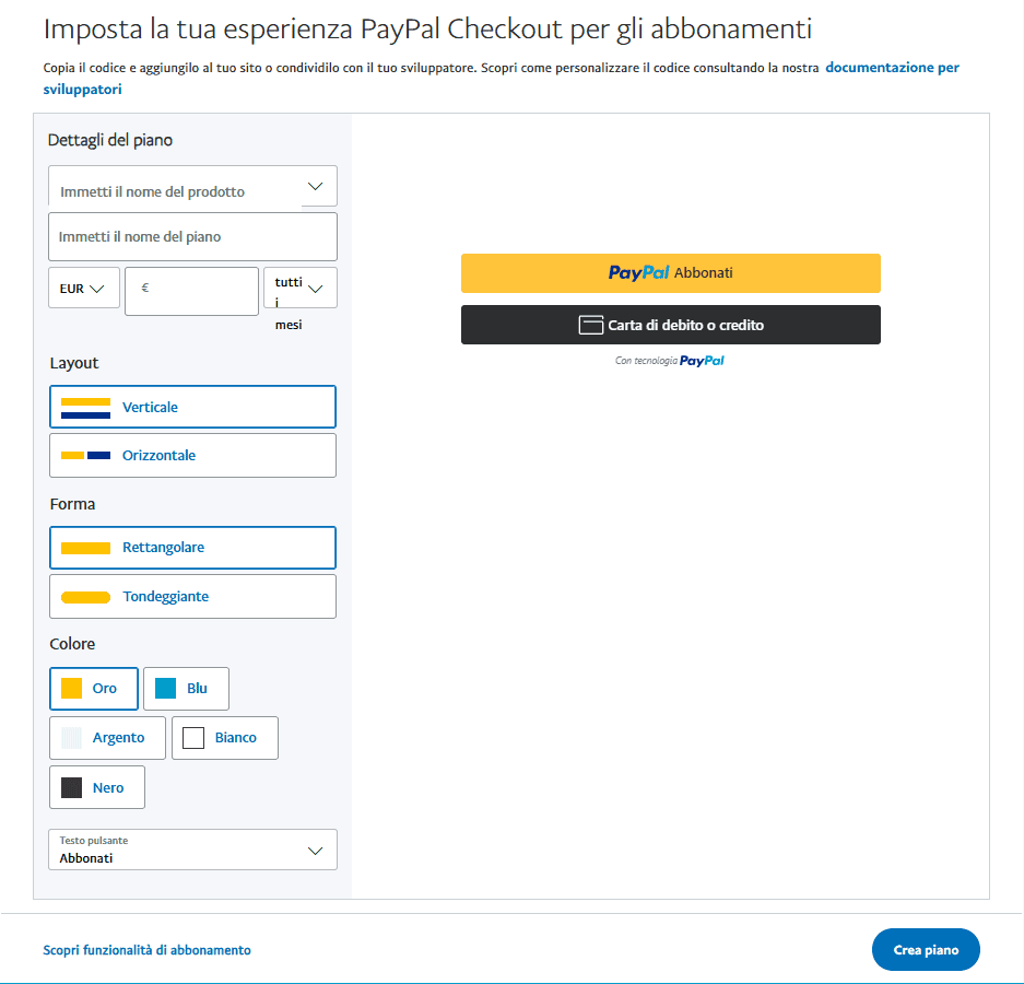 Paypal Dashboard Pulsante Abbonamento