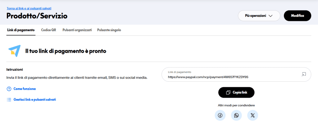 Paypal Link Pagamento Creato