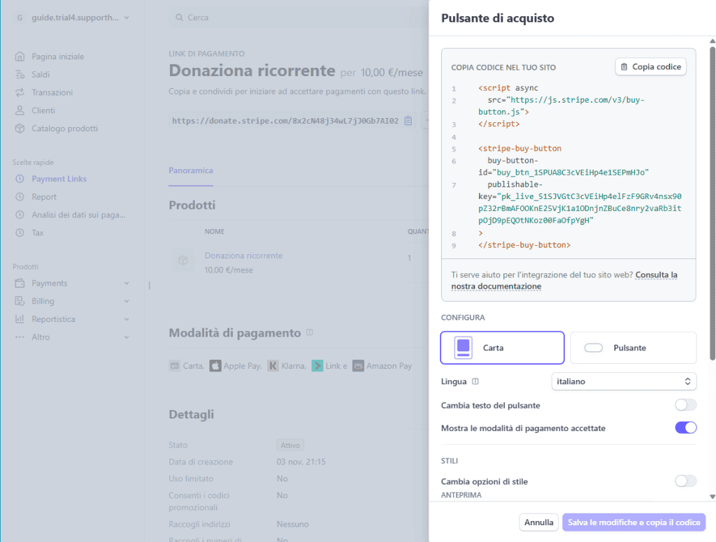 Pulsante Acquisto Stripe Configurazione Donazioni