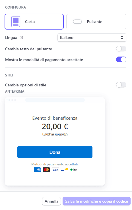 Pulsante Stripe Configurazione Carta Donazioni