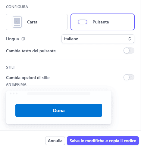 Pulsante Stripe Configurazione Pulsante Donazioni