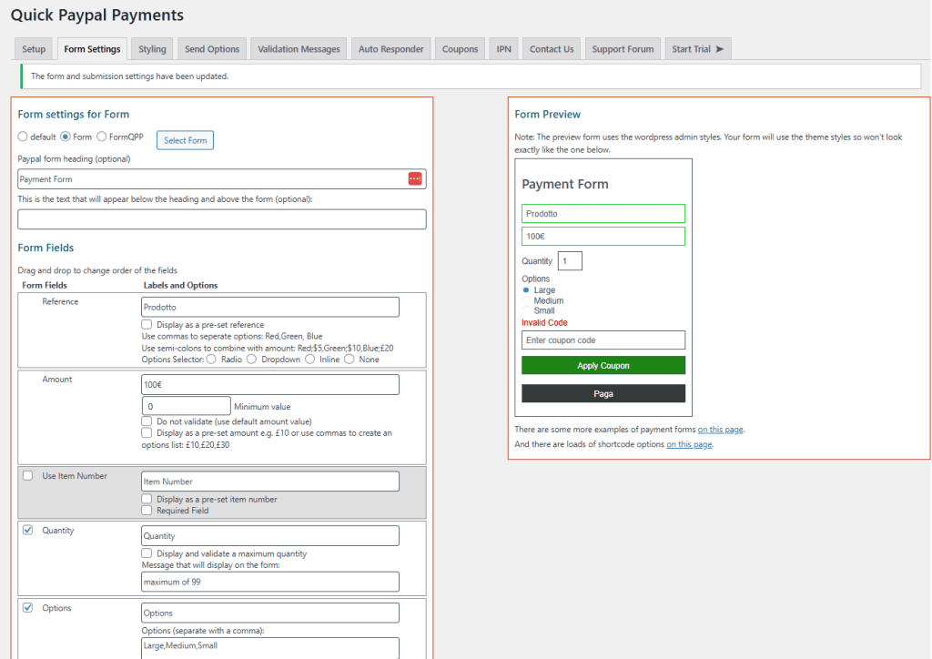 Quick Paypal Payments Impostazioni Modulo