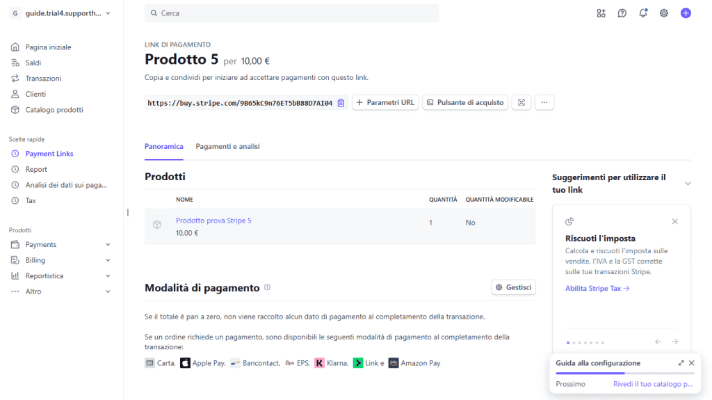 Stripe Configurazione Link Pagamento
