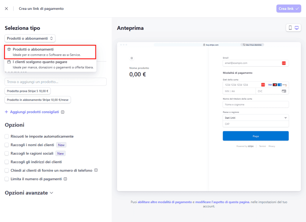 Stripe Crea Link Pagamento Prodotti Abbonamenti