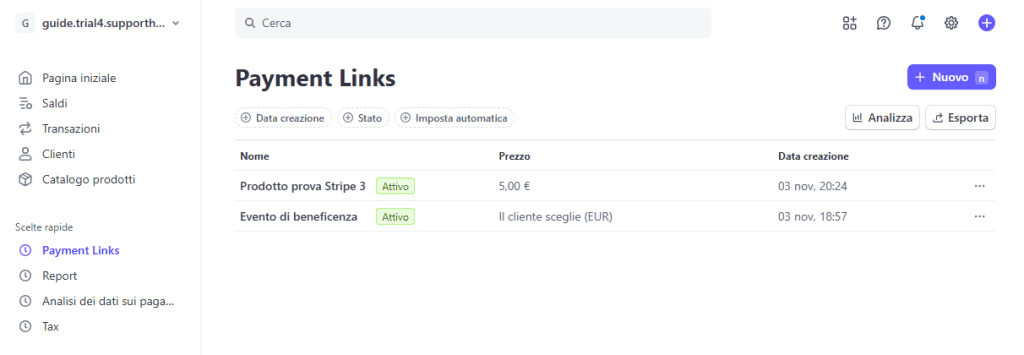Stripe Payment Links Impostazioni