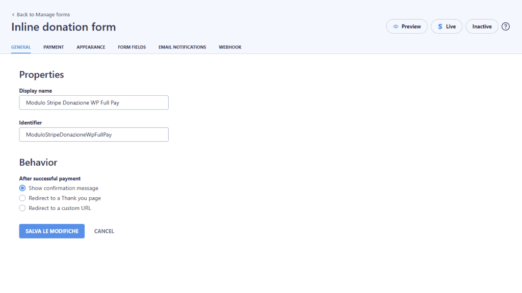 Wp Full Pay Donation Form Impostazioni Generali