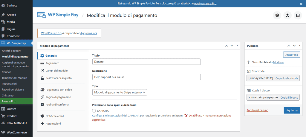 Wp Simple Pay Editor Modulo Donazione