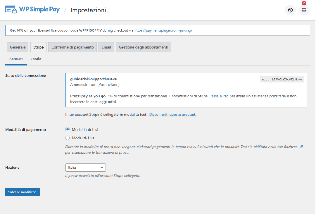 Wp Simple Pay Impostazioni Stripe