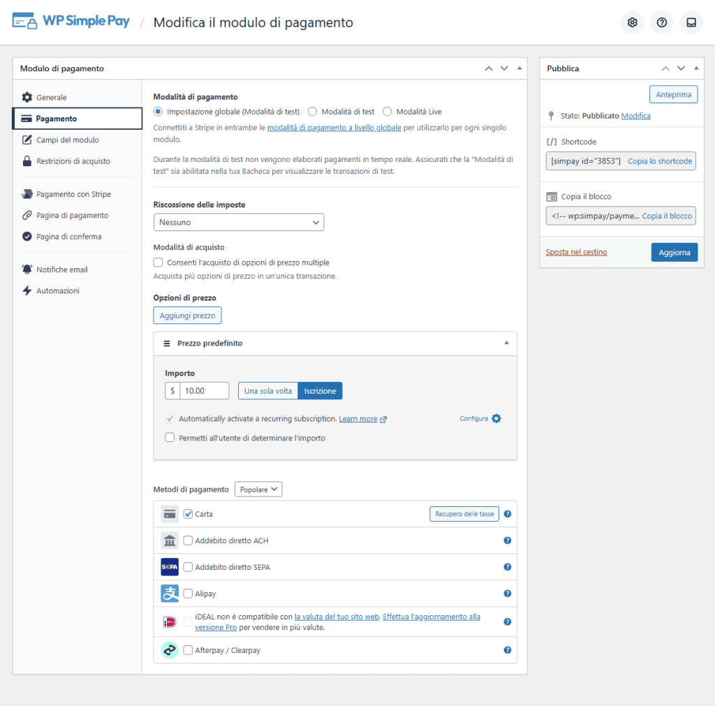 Wp Simple Pay Modulo Donazione Pagamento