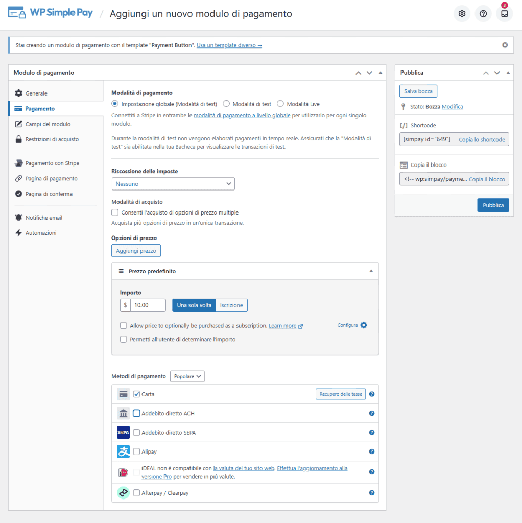 Wp Simple Pay Payment Button Configurazione Pagamenti