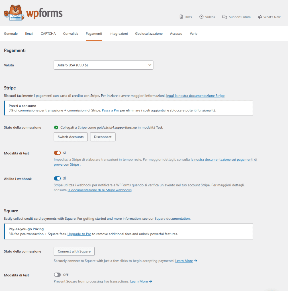Wpforms Pagamenti Impostazioni Stripe Square