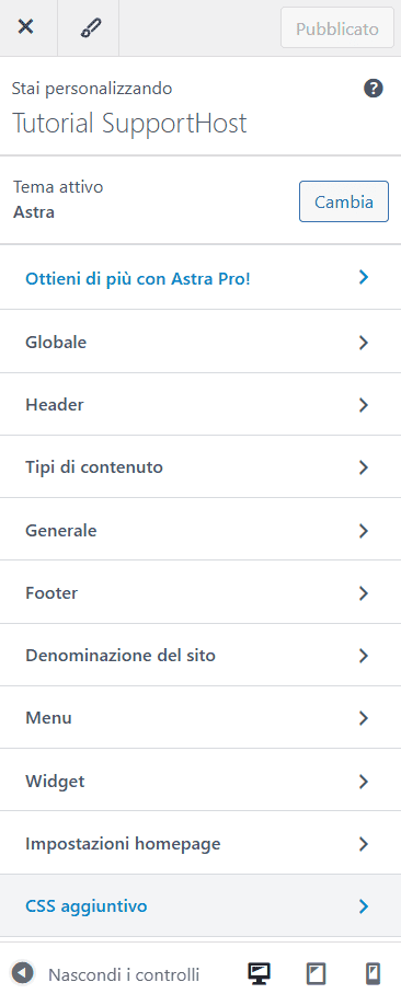 Accedere Css Aggiuntivo Tema Astra