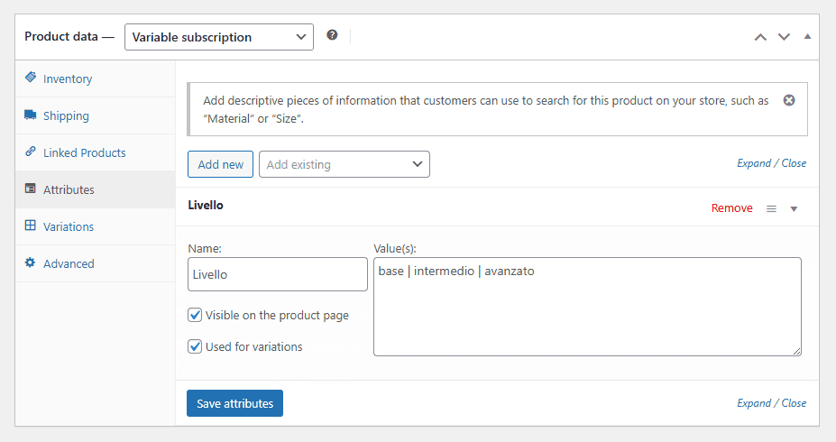 Attributo Livello Abbonamento Variabile Woocommerce Subscriptions