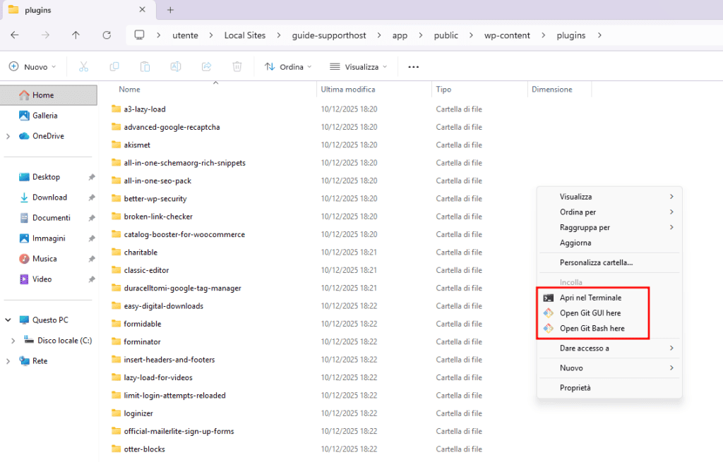 Cartella Sito Locale Plugin Apri Terminale