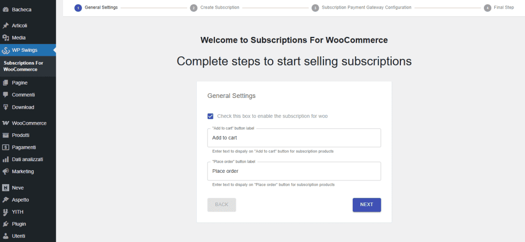 Configurazione Abbonamento Subscriptions For Woocommerce