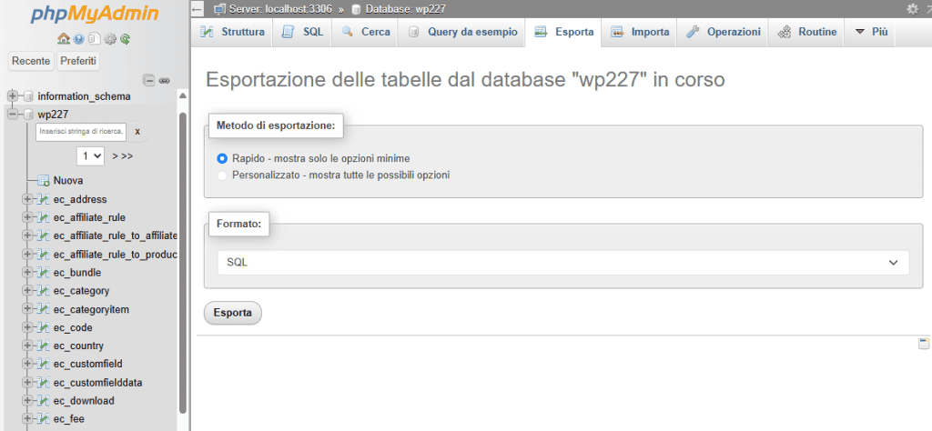 Esportazione Database Sql Phpmyadmin