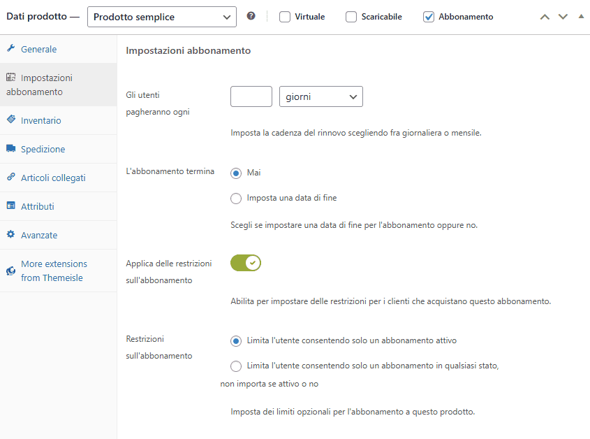 Impostazioni Abbonamento Yith Woocommerce Subscription